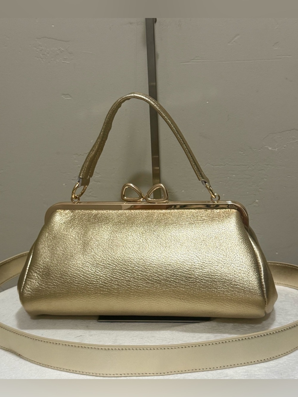 Gold Genuine Calfskin Handmade Unique “Bow” Shaped Kisslock Baguette Bag